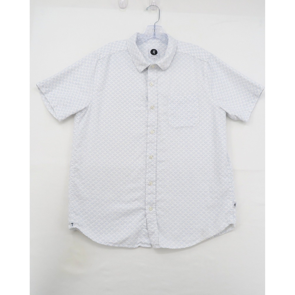 Toes on the Nose Men Large BlueWhite Linen Blend Geometric Print Button Up Shirt